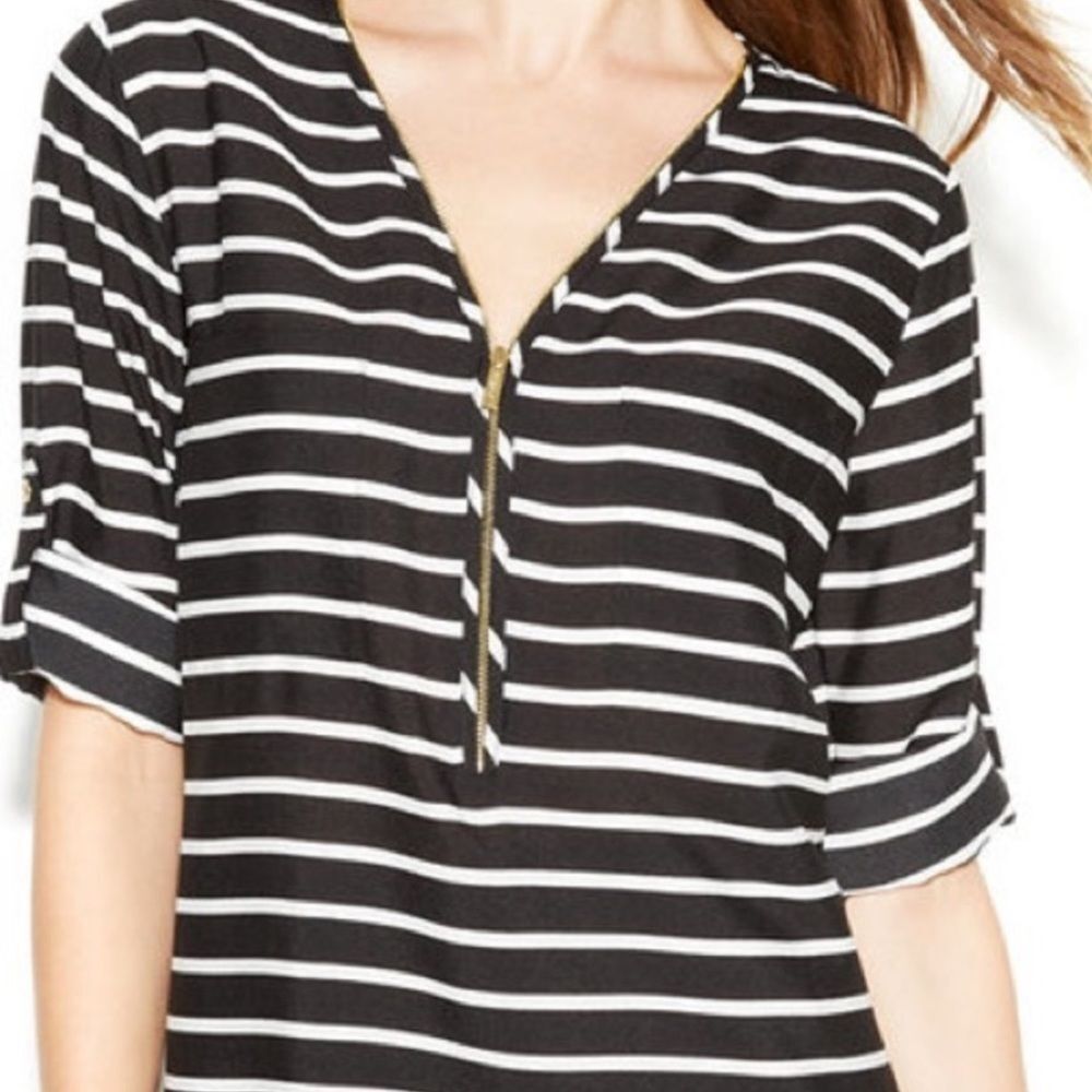 Calvin Klein Black & White Striped Zippered Blouse - Picture 3 of 16